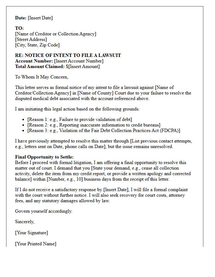 Notice of Intent to Sue Letter for Medical Debt