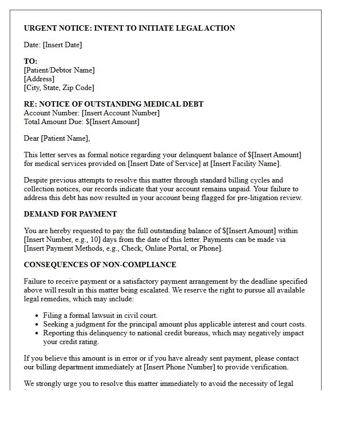 Pre-Litigation Warning Letter for Outstanding Medical Bills