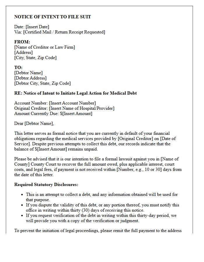 Statutory Notice of Intent to File Suit Letter for Medical Debt