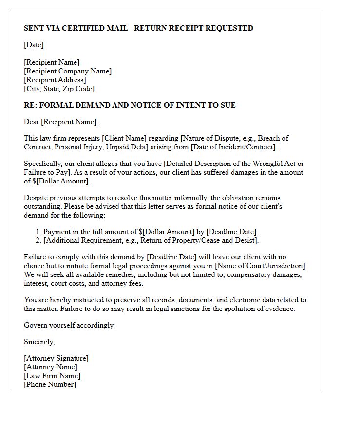 Attorney Demand and Intent to Sue Letter