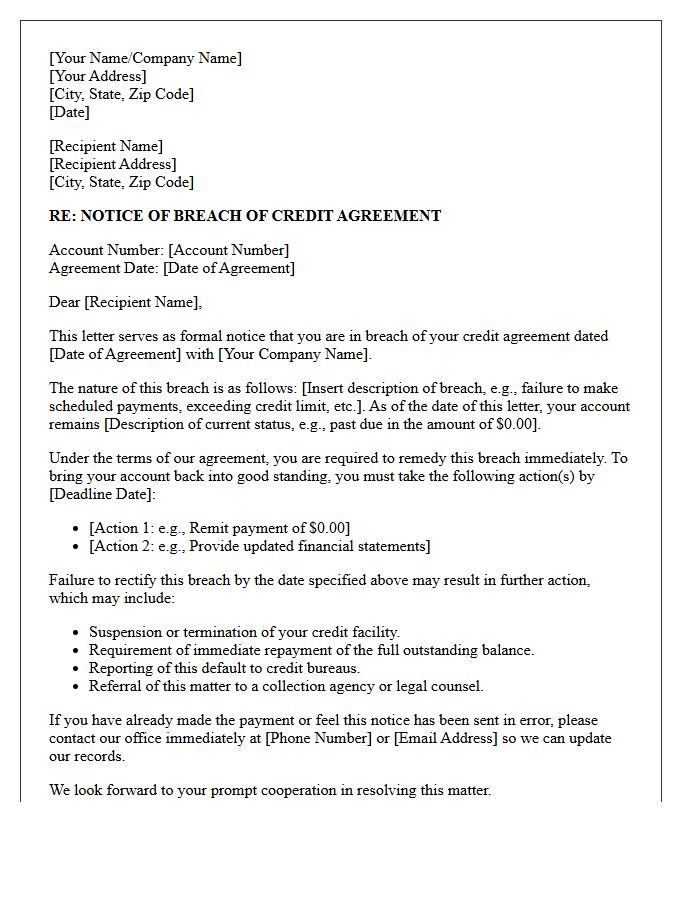 Breach of Credit Agreement Warning Letter