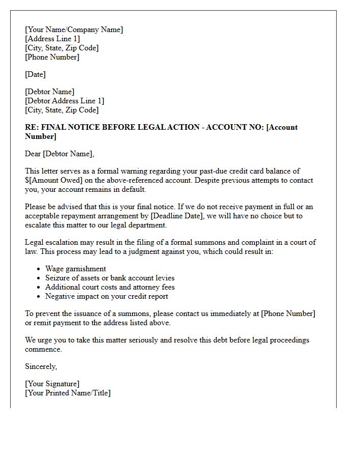 Credit Card Default Summons Warning Letter