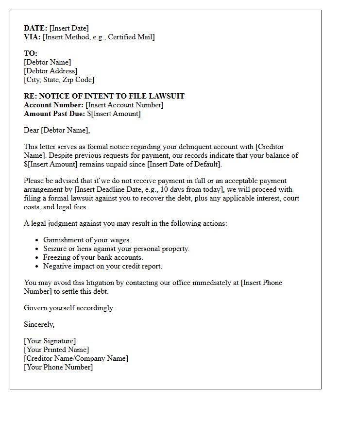Creditor Intent to File Suit Letter