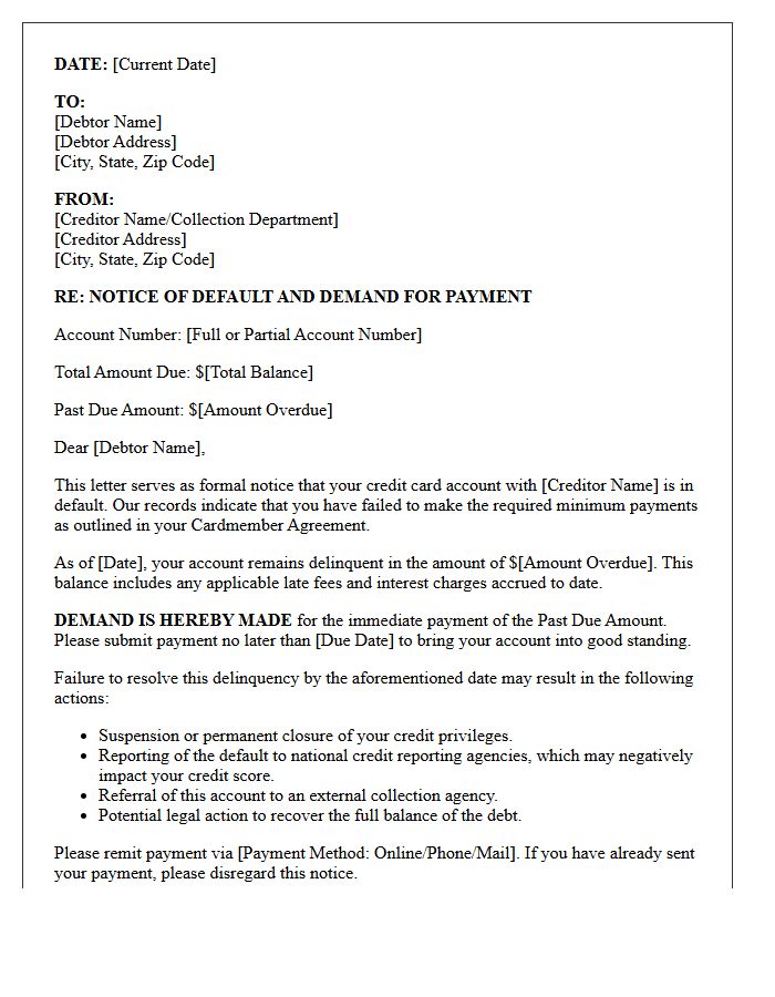 Defaulted Credit Card Obligation Demand Letter