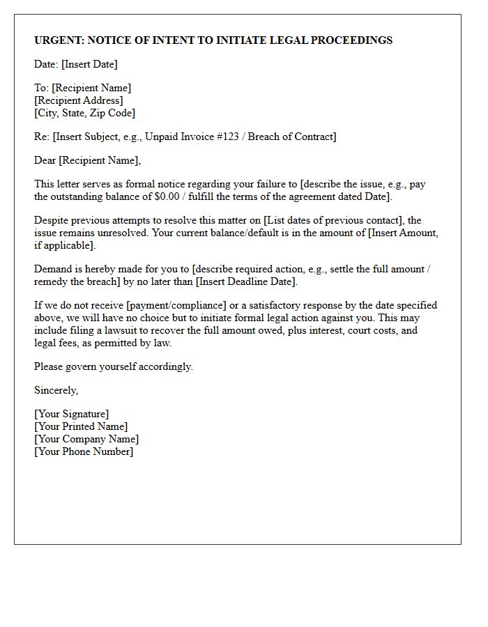 Notice of Legal Action Letter