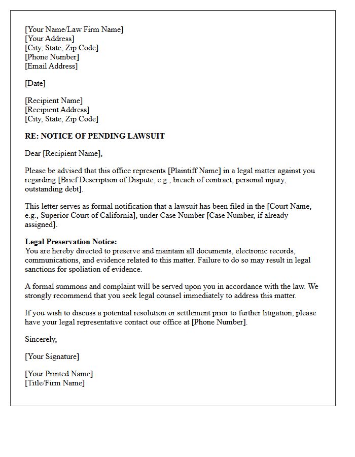Pending Lawsuit Notification Letter
