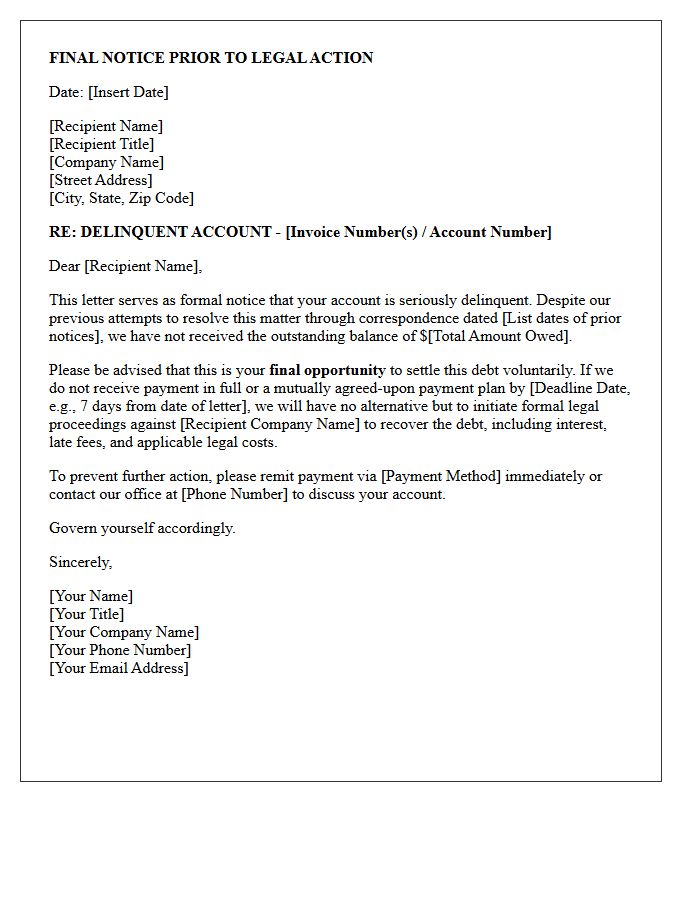 B2B Delinquent Account Intent to Sue Letter