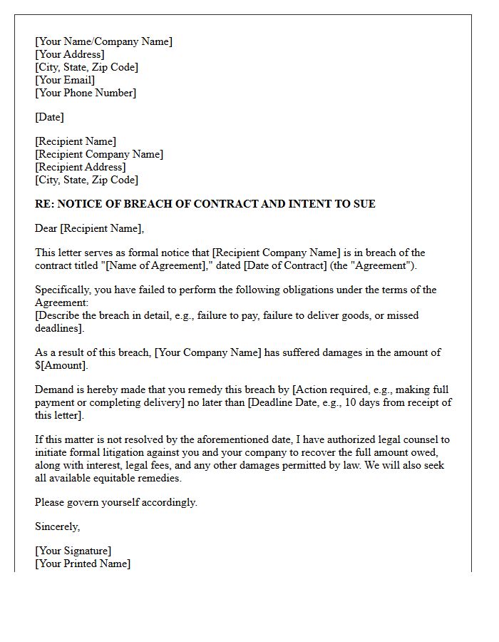 Commercial Breach of Contract and Intent to Sue Letter