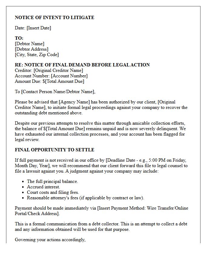Commercial Collection Agency Intent to Litigate Letter