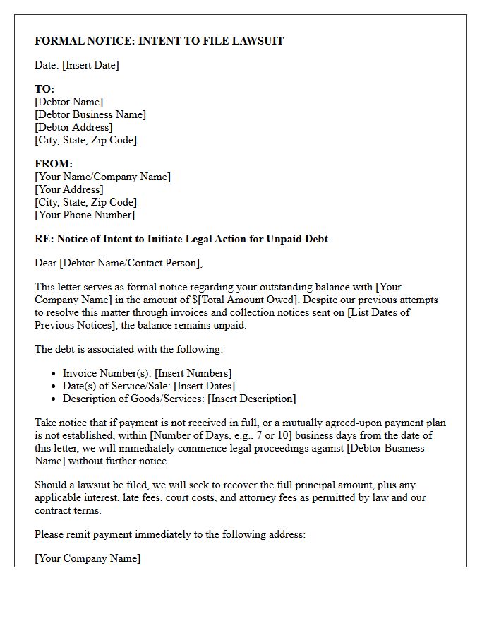 Commercial Debt Intent to Sue Letter