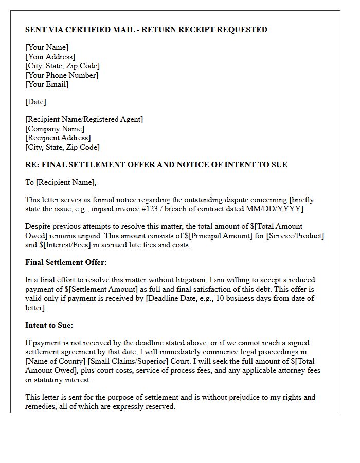 Final Settlement Offer and Intent to Sue Letter