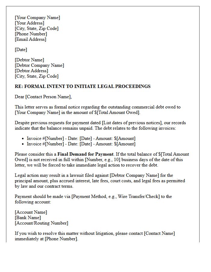 Formal Intent to Sue Letter for Outstanding Commercial Debt