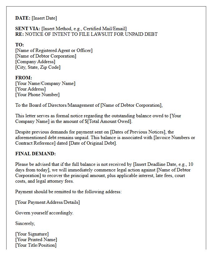 Notice of Intent to Sue for Unpaid Corporate Debt Letter