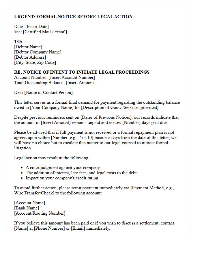 Pre-Litigation Warning Letter for Commercial Debt