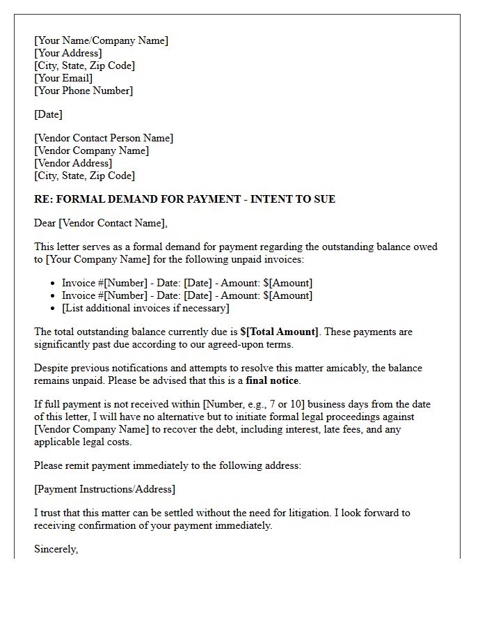 Vendor Payment Default Intent to Sue Letter