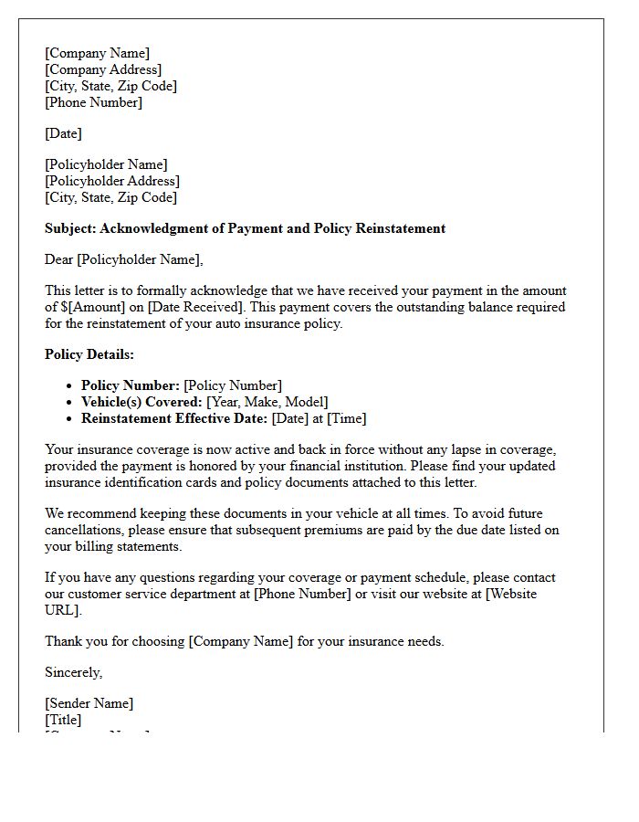 Auto Insurance Reinstatement Premium Payment Acknowledgment Letter