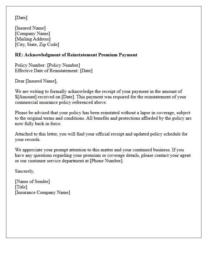 Commercial Policy Reinstatement Premium Payment Acknowledgment Letter