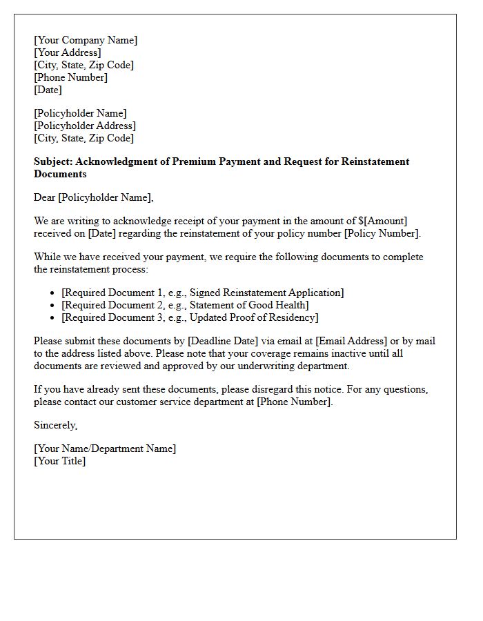 Document Request and Reinstatement Premium Payment Acknowledgment Letter