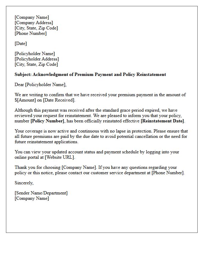 Late Grace Period Reinstatement Premium Payment Acknowledgment Letter