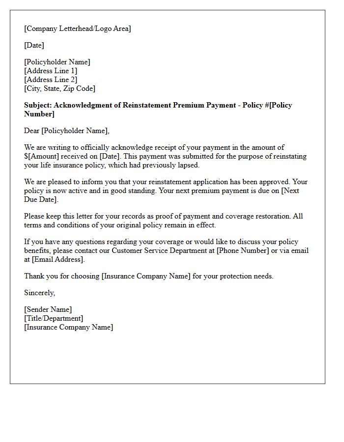 Life Insurance Reinstatement Premium Payment Acknowledgment Letter