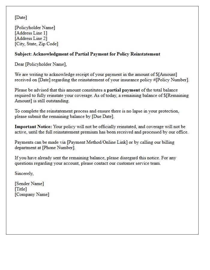 Partial Reinstatement Premium Payment Acknowledgment Letter