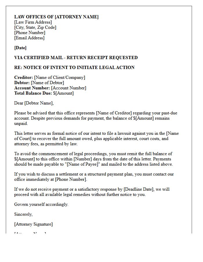Attorney Drafted Debt Collection Intent Letter