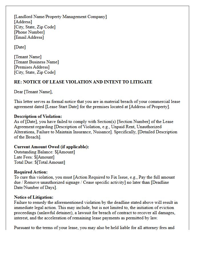 Commercial Lease Violation and Litigation Notice Letter