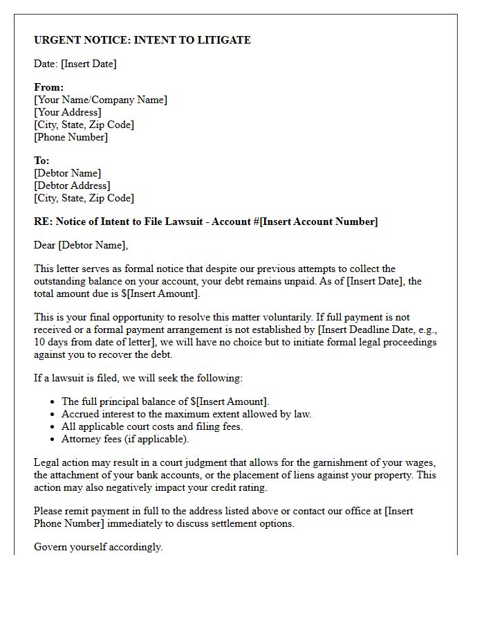 Debt Collection Intent to Litigate Letter