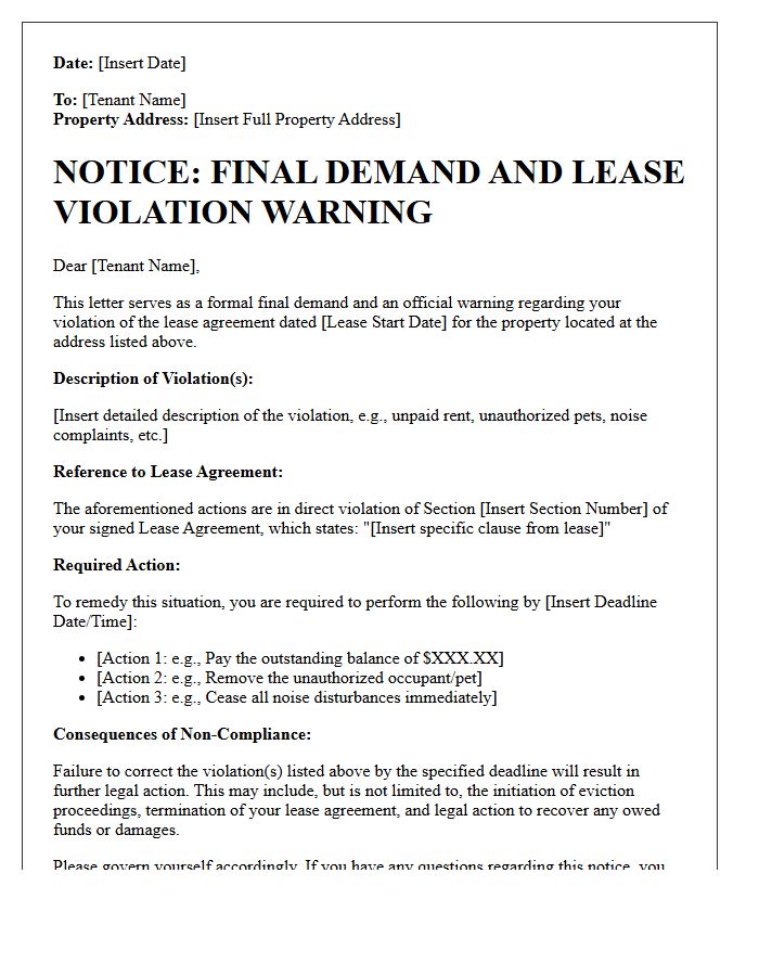 Final Demand and Lease Violation Warning Letter