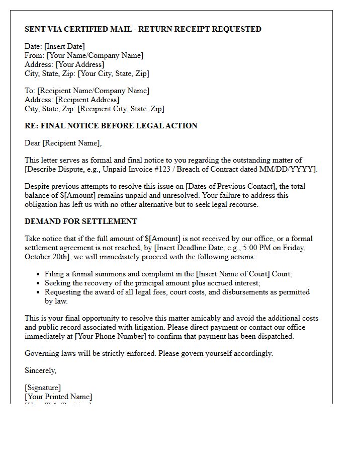 Final Notice of Imminent Lawsuit Letter