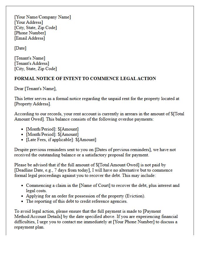 Formal Notice of Legal Action for Rent Arrears Letter
