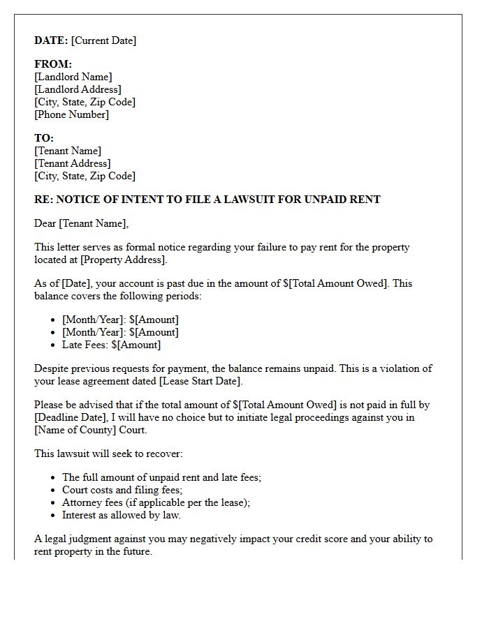 Notice of Intent to Sue for Unpaid Rent Letter