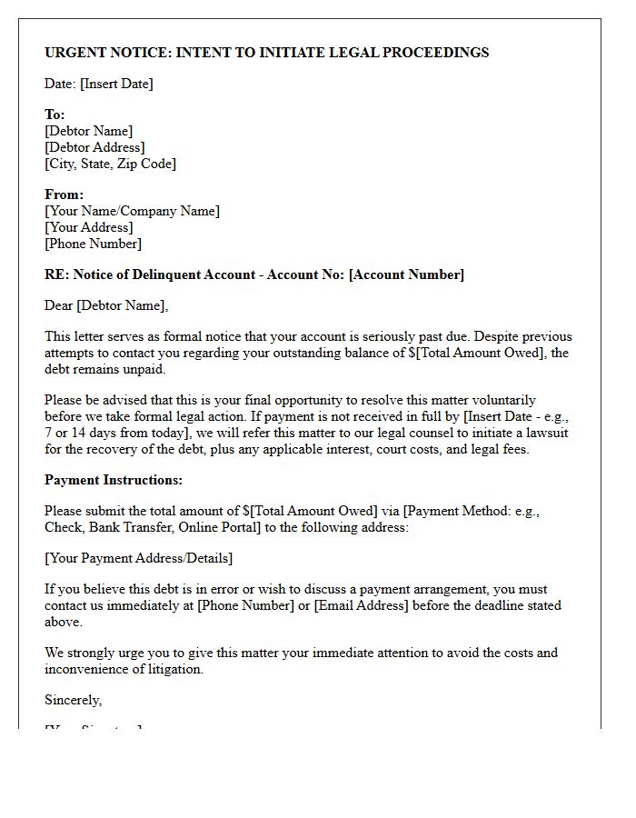 Pre-Litigation Debt Collection Notice Letter