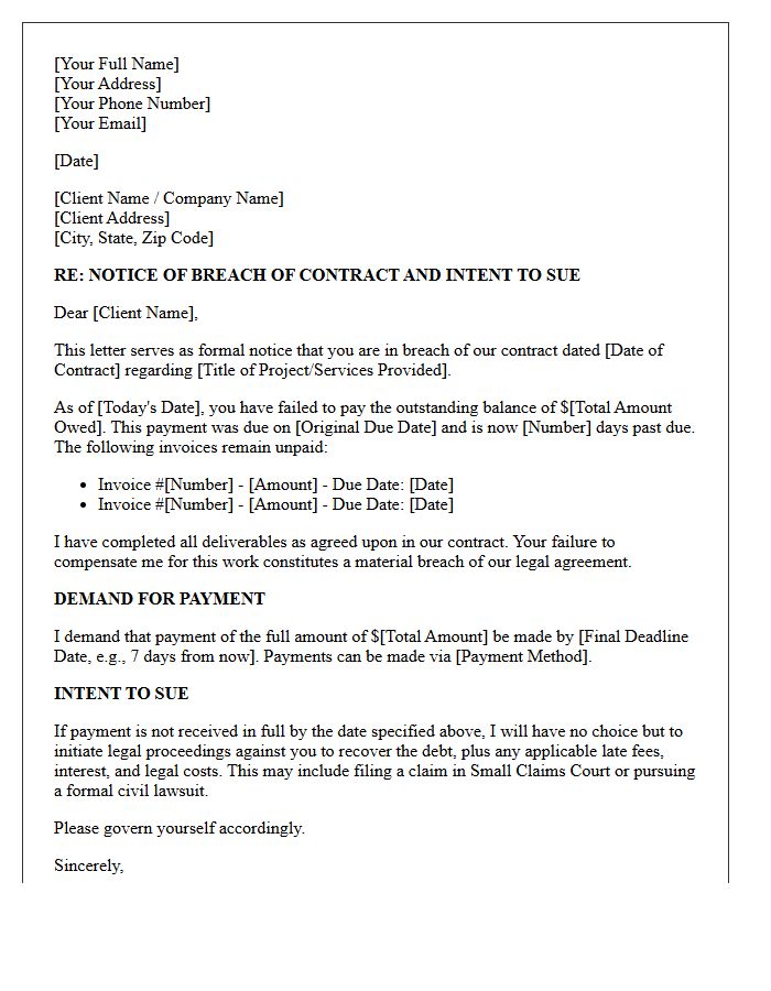 Breach of Contract and Intent to Sue Letter for Freelance Nonpayment