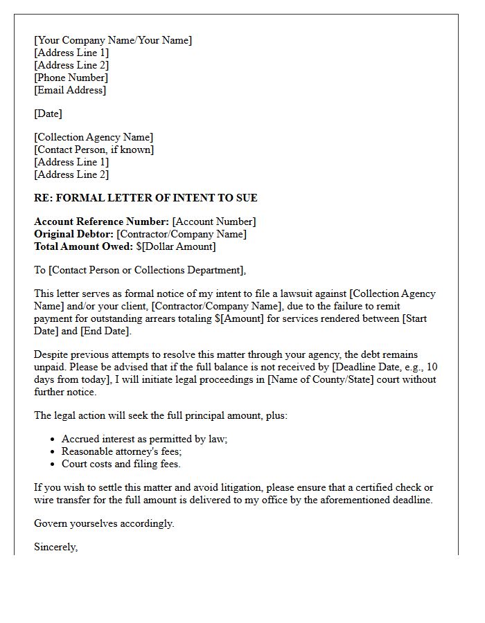 Collection Agency Letter of Intent to Sue for Contractor Arrears
