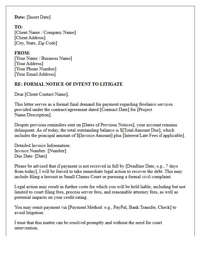 Debt Collection Letter of Intent to Litigate Freelance Services
