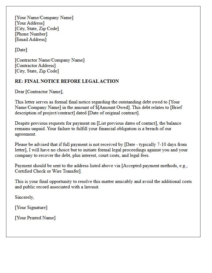 Final Notice Letter Regarding Impending Lawsuit for Contractor Debt