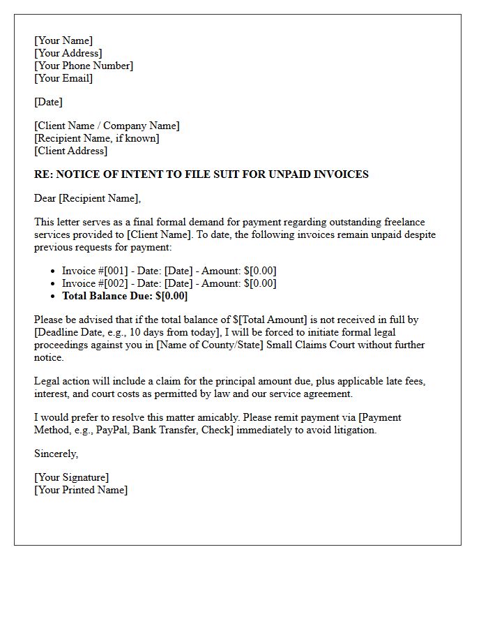 Formal Letter of Intent to File Suit for Past Due Freelance Invoices