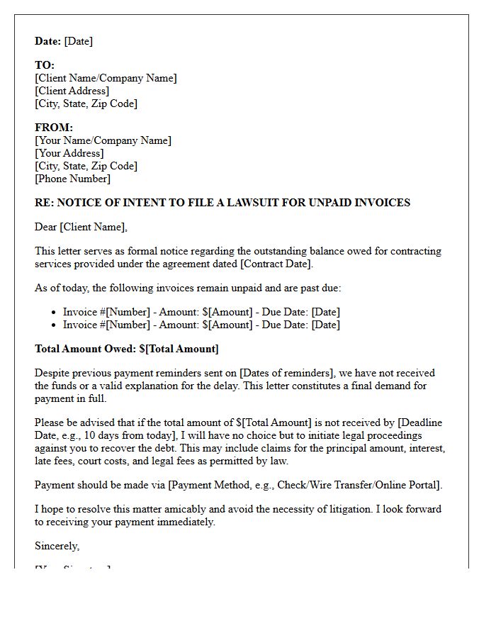 Notice of Intent to Sue Letter for Unpaid Contractor Invoices