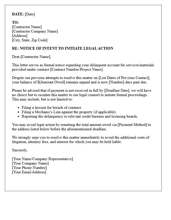 Notice of Legal Action Letter for Delinquent Contractor Accounts