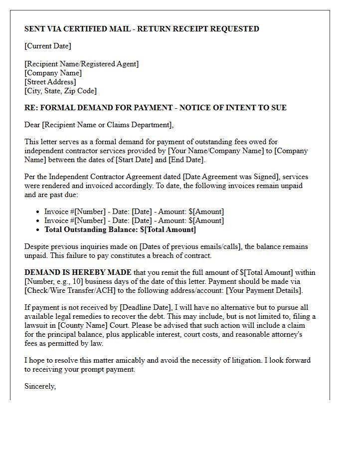 Pre-Suit Demand Letter for Outstanding Independent Contractor Fees