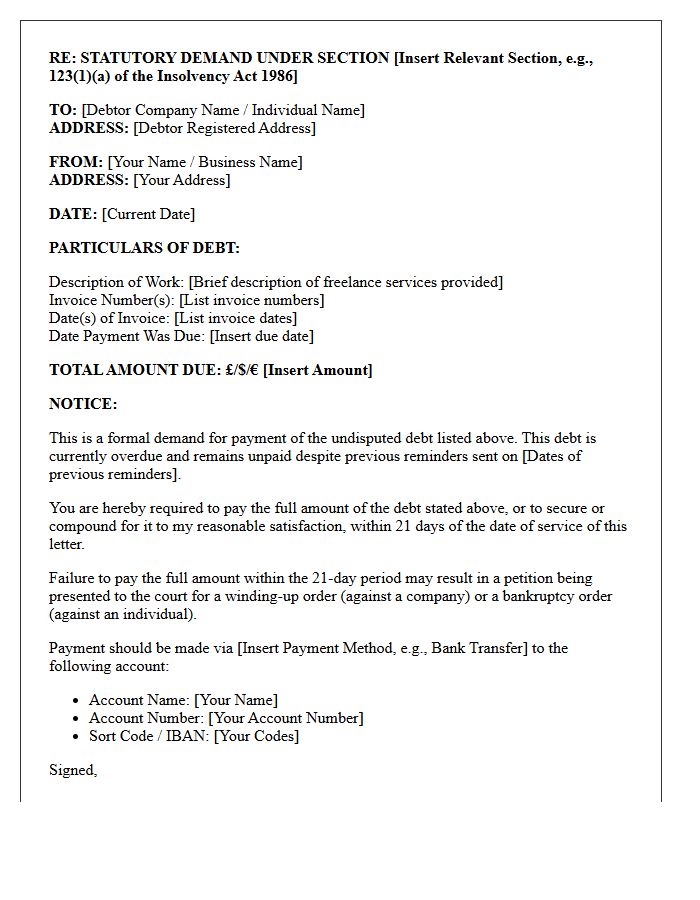 Statutory Demand Letter for Unpaid Freelance Contracting Work
