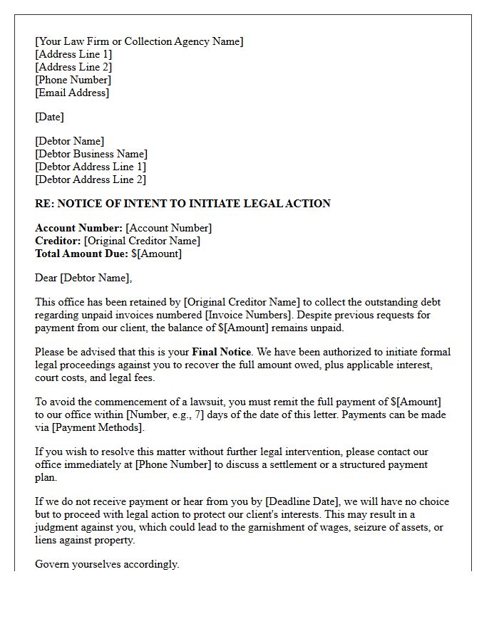 Third-Party Collection Letter Initiating Legal Action for Unpaid Invoices