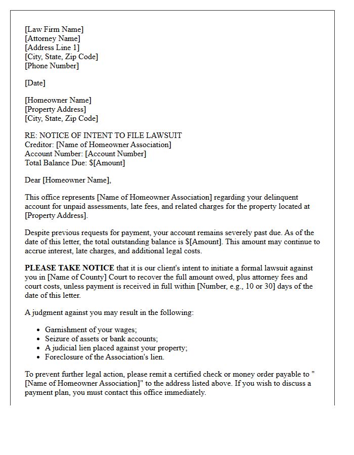 Attorney Intent to Sue Letter for Delinquent Homeowner Association Balances