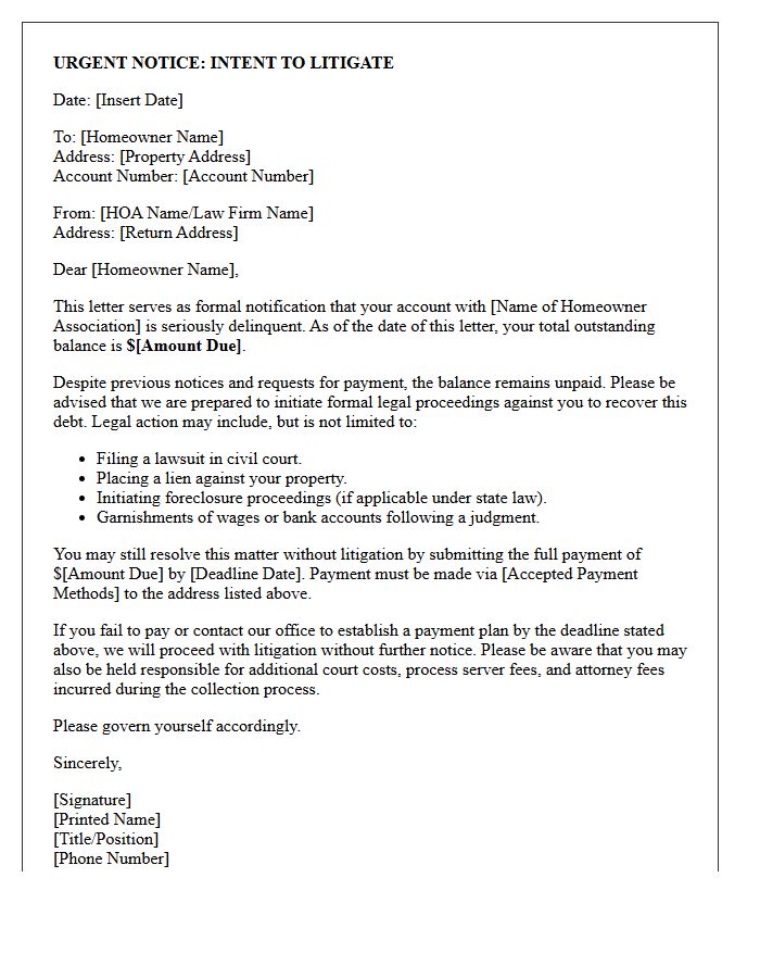Debt Collection Letter of Intent to Litigate Unpaid Homeowner Association Fees