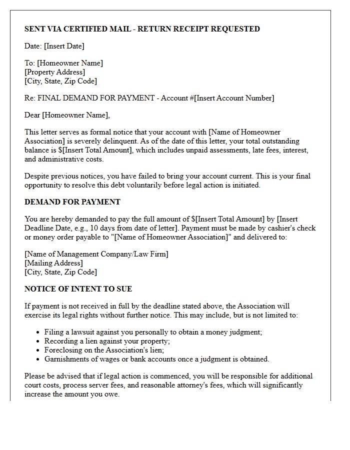 Final Demand and Intent to Sue Letter for Homeowner Association Arrears