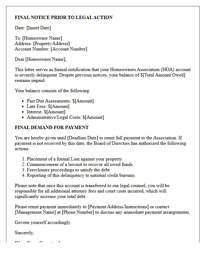 Final Homeowner Association Collection Letter Proceeding to Legal Action