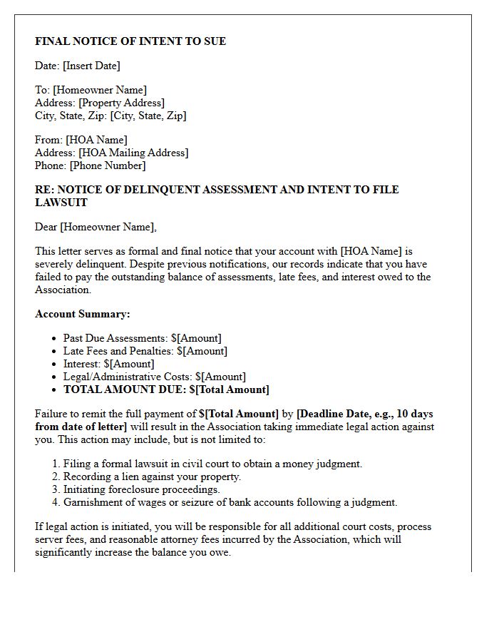 Final Notice of Intent to Sue Letter for Delinquent Homeowner Association Dues