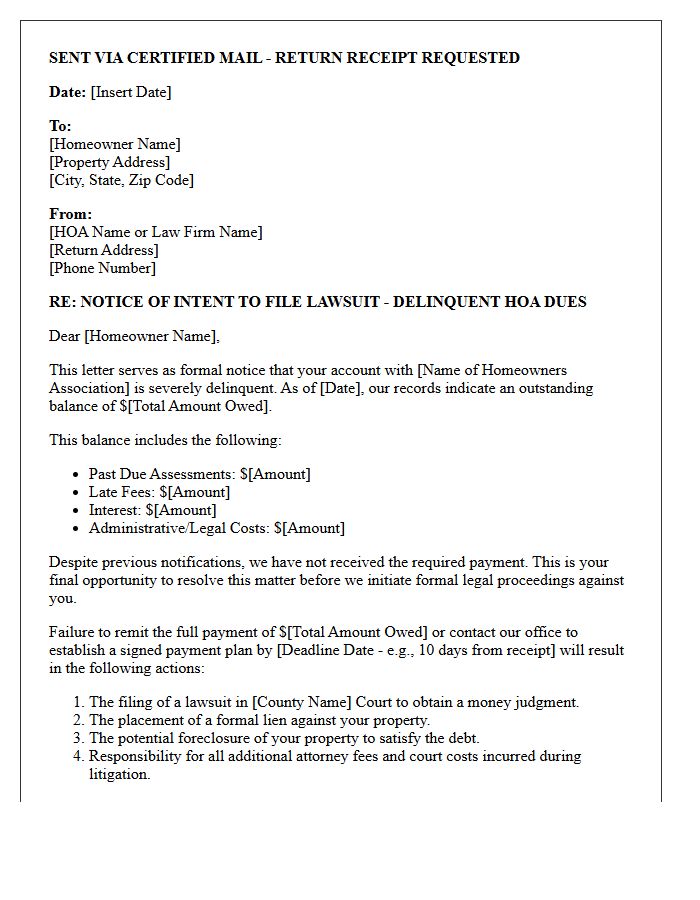 Formal Debt Collection Letter Warning of Lawsuit for Unpaid Homeowner Association Dues