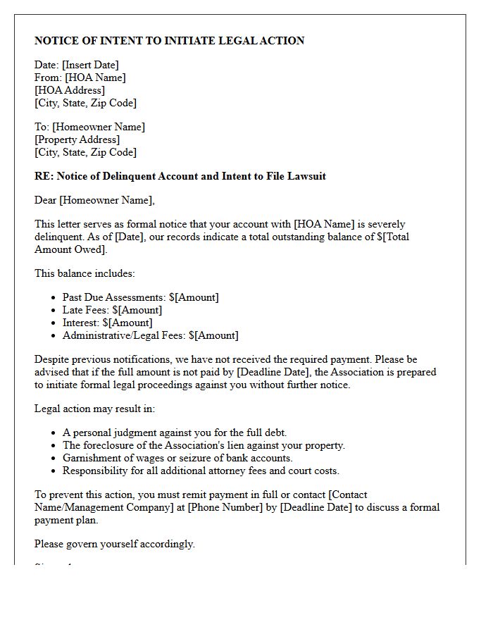 Homeowner Association Debt Collection Intent to Sue Letter